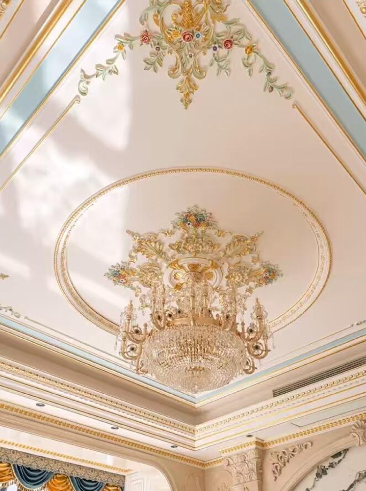 Rococo-Style Ceiling Design with Hand-Painted Artwork and Gold Leaf